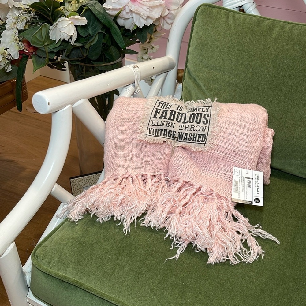 Pink Linen Throw Blanket with Fringe